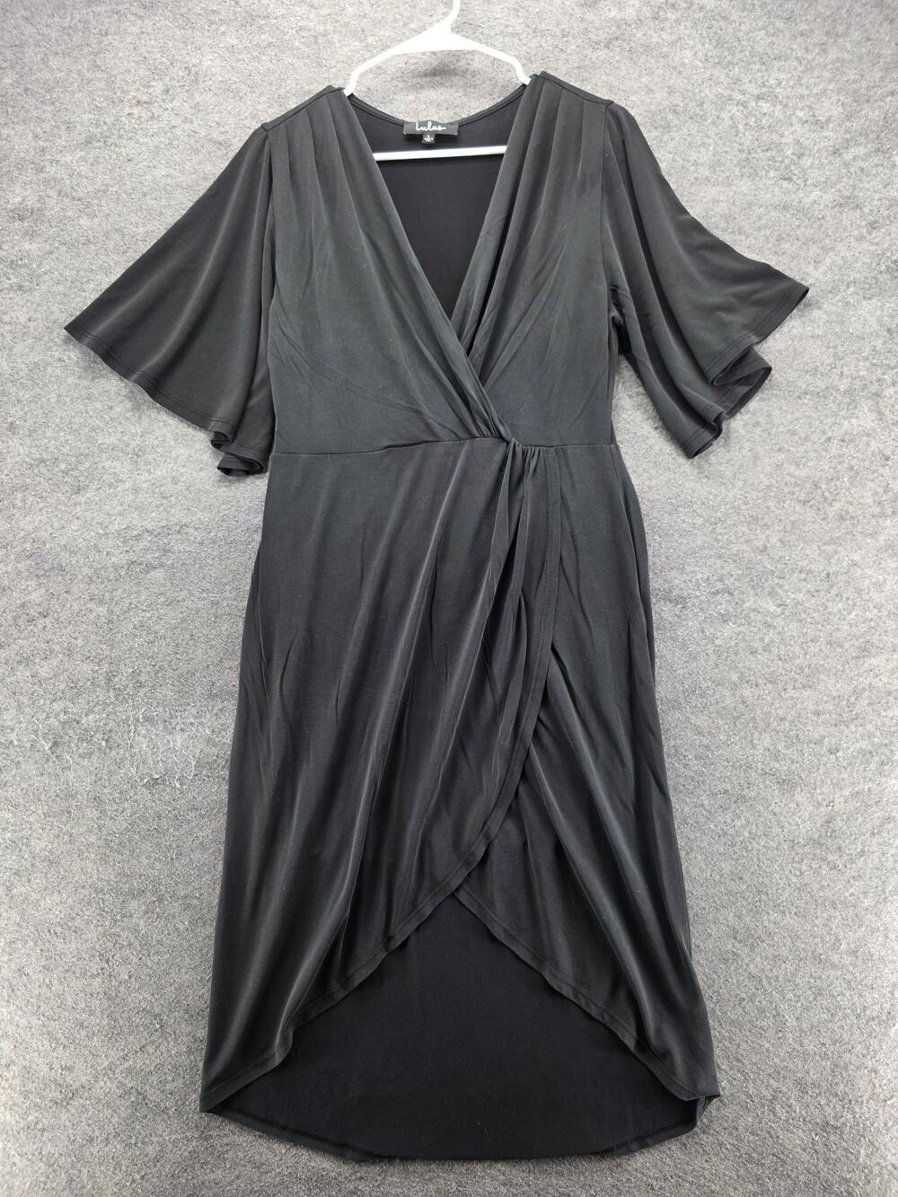 Lulus Dress Womens L Black Wrap Hi-Low V-Neck Flutter Sleeve Jersey Lined